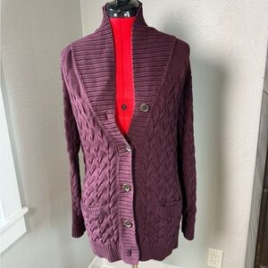 Lands’ End Drifter Cable Knit Cardigan Sweater XS Burgundy Cotton